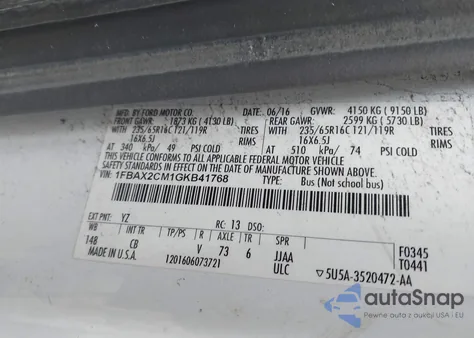 2016 Ford Transit-350 Xlt from USA, damaged, VIN 1FBAX2CM1GKB41768